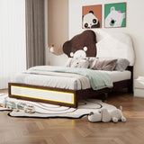 ZUN Full Size Upholstered Platform Bed with Bear Shaped Headboard, LED Light Strips, White + Brown 19640686