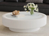 31.5" Fluted Round Storage Table - Tempered Glass Top & Premium Leather Wrapped, Modern White W3158P450848