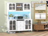 73 Inch White Kitchen Pantry Cabinet with Customizable LED Lights & Built-in Charging Station 40812631