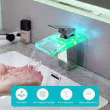 Bathroom Sink Faucet LED Light 3 Colors Changing Waterfall Glass Spout Hot Cold Water Mixer Single W1932P148104