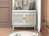 TREXM Boho Rattan Entryway Bench with Storage, Cushioned Shoe Bench with Double Doors, Wooden Shoe N715P308012E