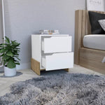 ZUN Nightstand with 2-Drawers, End Table with Sturdy Base, White / Macadamia B097120604