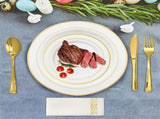 175Pcs Disposable Gold Dinnerware Set Gold Rim Plastic Plates Cups Fork Spoon Knife Paper Napkins 80206586