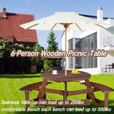 ZUN Outdoor 6 Person Picnic Table, 6 person Round Picnic Table with 3 Built-in Benches, Umbrella Hole, W2275P149763