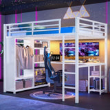 Queen Size Loft Bed Frame with Built-in Wardrobe, Metal Loft Bed with Desk and Storage Shelves, 31510128