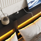 Full Size Metal Bed Frame with Wooden Headboard, RGB Lights, Outlets & Charger, Storage Shelf, W840P209906