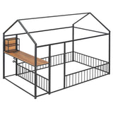 Full Size Metal Bed House Bed Frame with Desk, Shelves, Power Outlets and USB Ports, Black N737P173491B
