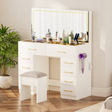 46"Glass Top Vanity Desk with 10 Drawers Makeup Vanity with Mirror and Stool,3 Lighting Modes W2887P311841