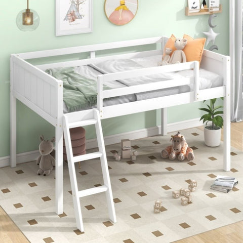 ZUN Twin Size Wood Low Loft Bed with Ladder, ladder can be placed on the left or right, White WF313084AAK