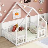 Full Wood House-Shaped Floor Bed with Fence, Guardrails,White W504P143294