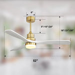 ZUN 52 Inch Ceiling Fan With Dimmable Led Light 3 Solid Wood Blades Remote Control Reversible DC Motor W882P235358