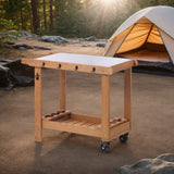 Outdoor Wooden Grill Cart Table with Wheels, Metal Top and Storage, for Patio Backyard Garden BBQ W2640P292929