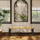 Farmhouse Modern Solid Wood Rattan Bench - 59 Inch Indoor & Covered Outdoor Bench Walnut Finish N842P271335D