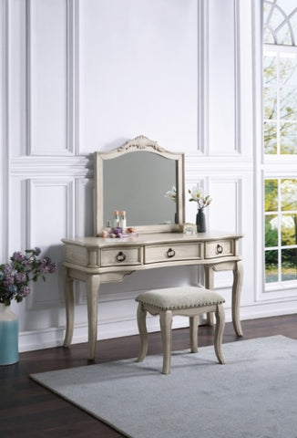 ZUN Contemporary Antique White Color Vanity Set Stool Retro Style Drawers cabriole-tapered legs Mirror B011113318