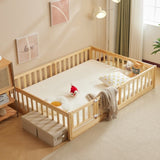 Fence bed with door and decking, natural wood color, painted surface, pine wood, full children's bed 65750352
