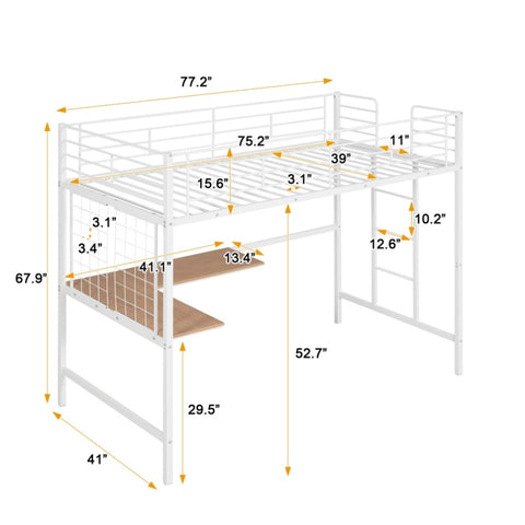 ZUN Twin Metal Loft Bed with Desk and Metal Grid,White 23730514