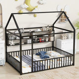 Full Size Metal Bed House Bed Frame with Fence and Shelves, Black N737P175361B