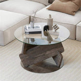 32" Grey Round Tempered Glass Coffee Table - Modern Style, 200LBS Capacity, Solid Rubberwood Base 26269779