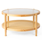 31.5in Rattan Coffee Table with Glass Top, Round End Table, Boho Style Side Table Sofa End Table for 97370521