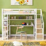 ZUN Twin Size Metal Loft bed with Staircase, Built-in Desk and Storage Shelves, White 68735084