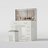 46"Glass Top Vanity Desk with 10 Drawers Makeup Vanity with Mirror and Stool,3 Lighting Modes 50282306