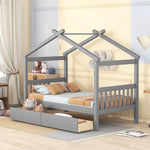 ZUN Twin Size Wooden House Bed with Drawers, Gray 38831000