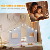 Twin-Size Kids House White Floor Bed- 82"x42"x51" Size, LED Light Strip for Cozy 73789275