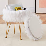 Faux Fur Storage Ottoman Round Furry Vanity Stool with Marble Tray, Compact Footrest with 4 Metal 47853610