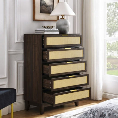 ZUN Bedroom 5 drawer dresser, rattan dresser modern wooden chest of drawers with spacious storage space W1781P183007