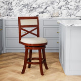 24" Counter Height X-Back Swivel Stool, Cherry Finish, Beige Fabric Seat B04660708