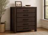 Dark Brown Pine 5-Drawer Chest, Modern Nordic Bedroom Storage Cabinet, Organizer, Space-Saving B2770P509877