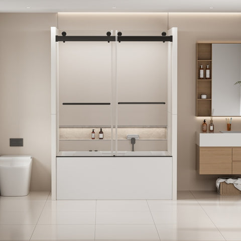 ZUN 56-60 in. W x 62 in. H Frameless Double Sliding Tub Door, Bypass Tub Shower Door Soft Closing, Matte W1573P205866