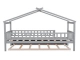 Twin Size Wooden House Bed with Twin Size Trundle, Gray 14298090