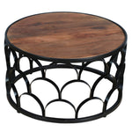 ZUN 32 Inch Round Coffee Table, Mango Wood Top, Lattice Cut Out Metal Frame, Brown, Black B05691253