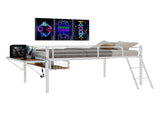 Full Size Metal Loft Bed with Built-in Desk & LED Light Strip, White Loft Bed Frame with Safety W1935P463341