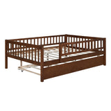 Full Size Wood Daybed with Trundle and Fence Guardrails, Walnut WF301863AAL