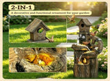 Outdoor Garden Water Fountain 3-Tier Cascading Waterfall with LED Lights, Water Wheel & Birdhouse 43826815