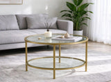 Round Glass Coffee Table with Lower Shelf, Champagne Gold Metal Frame, 2-Tier Modern 51201860
