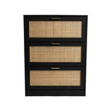 ZUN Modern 3 Drawer, Rattan Shoe Cabinet in Ebony MDF Wood Grain B064P182636