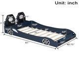 Wood Twin Size Race Car-Shaped Platform Bed with LED and Upholstered Backrest, Blue 38200943