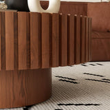 Round Coffee Table Handcrafted Relief Sturdy Pedestal Wooden Olive-Shaped Tea Table for Living Room W3081P255076