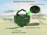 3-in-1 Camping Fan with LED Lantern, Portable Hanging Tent Fan 3 Speed Wind, Timer Function & Power 52683386
