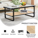 ZUN Modern minimalist rectangular double layer black solid wood imitation rattan coffee table with a W1151119892