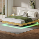 Oak King Floating Bed Frame with LED Lights, Wave Curve Wood Texture Bed with Heavy Duty Metal Slats W1820P333577