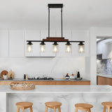 Farmhouse Industrial 5-Light Kitchen Island Pendant Light, Metal Wood Chandelier with Clear Glass W1340P206717