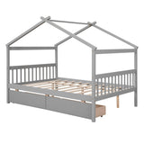 ZUN Full Size Wooden House Bed with Drawers, Gray 18372398
