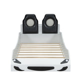 Wood Twin Size Race Car-Shaped Platform Bed with LED and Upholstered Backrest, White 28964519