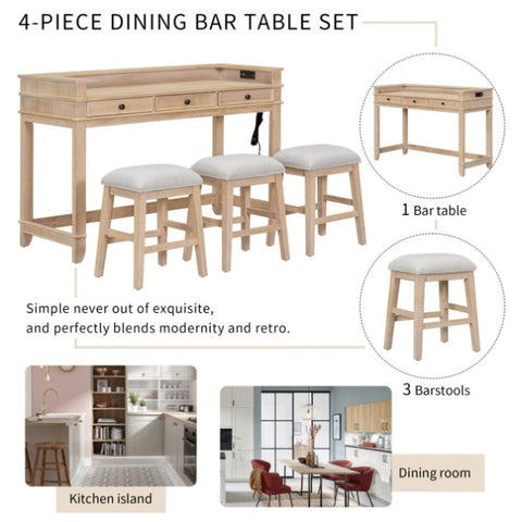 ZUN 4-piece Dining Bar Table Set with 3 Upholstered Stools, Multifunctional Dining Table with 3 Drawers 87981580