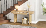 ZUN TREXM Narrow Console Table with Rattan Accent, Natural Wood Finish Entryway Table with Storage N715P223098M