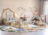 Twin and Full Size Solid Wood Montessori Floor Bed, House Shaped Frame with Safety Guardrails, W5767P546848